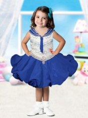 Luxurious Scoop Knee-length Beading Little Girl Dress in Blue