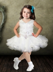 Luxurious Scoop Knee-length Beading Little Girl Dress in Blue