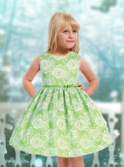 Modest A-Line Scoop Mini-length Lace Ribbons Green Little Girl Dress