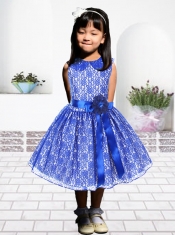 Modest A-Line Scoop Tea-length Lace Ribbons Blue Little Girl Dress