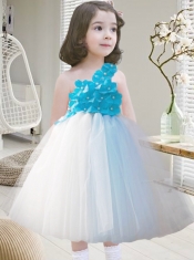 Modest One Shoulder Tea-length Little Girl Dresses in Blue and White