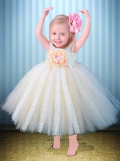 Modest Tulle Straps Ankle-length Little Girl Dress in Champagne
