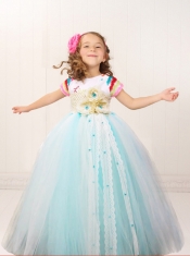 Multi-color A-Line Tulle One Shoulder Appliques and Hand Made Flowers Little Girl Dress for 2014