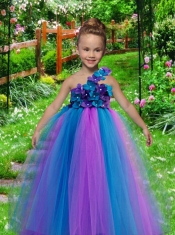 Multi-color A-Line Tulle One Shoulder Appliques Little Girl Dress for 2014