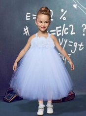 Multi-color A-Line Tulle One Shoulder Morden Hand Made Flowers Little Girl Dress for 2014