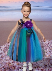 Multi-color A-Line Tulle Straps Tea-length Little Girl Dress for 2014