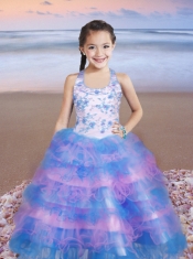 Multi-color Little Gril Pageant Dress with Beaded and Ruffles Decorate Halter