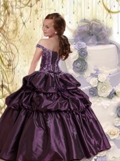 Navy Blue Off The Shoulder Appliques and Pick-ups Little Girl Pageant Dress