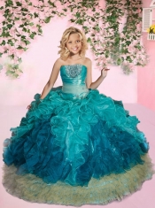 New Arrival Strapless Turquoise Little Girl Pageant Dress with Beading and Ruffles
