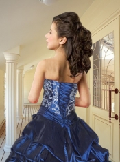 New Style Strapless Navy Blue Little Girl Pageant Dress with Appliques and Pick-ups