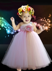 One Shoulder A-Line Floor-length Little Girl Dress in Light Pink