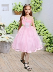One Shoulder A-Line Knee-length Beautiful Flower Girl Dress with Beading