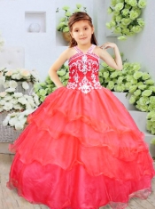 Organza Red Halter Ball Gown Little Girl Pageant Dress with Beading