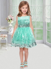 Popular A-Line Scoop Knee-length Paillette Green Little Girl Dress