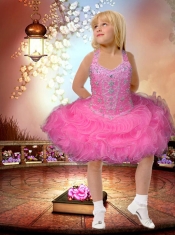 Popular Ball Gown Halter Mini-length Beading Hot Pink Little Girl Dress
