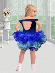 Popular Ball Gown Off the Shoulder Mini-length Ruffles Royal Blue Little Girl Dress