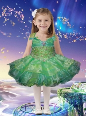 Popular Ball Gown Straps Knee-length Beading Ruffled Layers Green Little Girl Dress