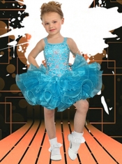 Popular Ball Gown Straps Mini-length Beading Blue Little Girl Dress