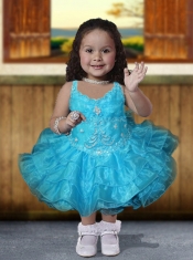 Popular Ball Gown Straps Tea-length Beading Blue Little Girl Dress