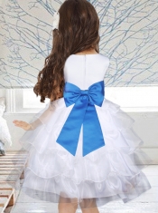 Popular Hand Made Flowers Knee-length 2014 Flower Girl Dress with Sashes and Ruffles