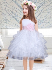 Popular Hand Made Flowers Knee-length 2014 Flower Girl Dress with Sashes and Ruffles
