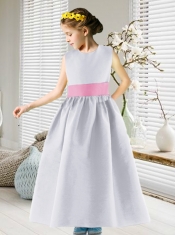 Popular Scoop Ankle-length Satin Flower Girl Dress with Belt