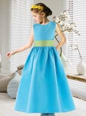 Popular Scoop Ankle-length Satin Flower Girl Dress with Belt