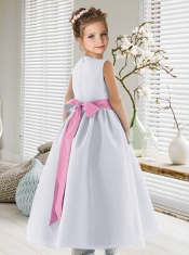 Popular Scoop Ankle-length Satin Flower Girl Dress with Belt