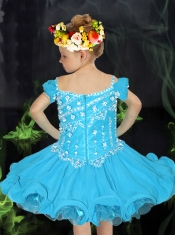 Pretty Aque Blue Straps Mini-length Little Girl Dress with Beading