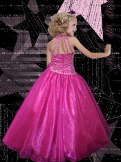Pretty Ball Gown Hot pink Halter Little Gril Pageant Dress with Beading