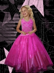 Pretty Ball Gown Hot pink Halter Little Gril Pageant Dress with Beading