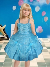 Pretty Ball Gown Straps Knee-length Little Girl Dress in Aque Blue