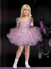 Pretty Lilac Ball Gown Short Beading Little Girl Dress with Bowknot