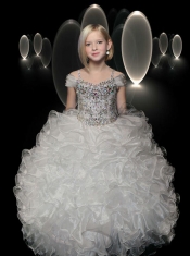 Pretty Rose Pink Off Shoulder Little Gril Pageant Dress with Beading