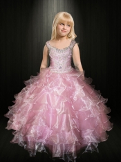 Pretty Straps Pink Beading Floor-length Little GirlPageant Dress