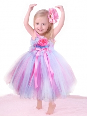 Pretty Tea-length Halter Top Little Girl Dress in Multi-color with Bowknot