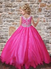 Pretty V-neck Hot Pink 2014 Little Gril Pageant Dresses with Beading