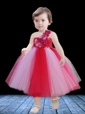 Princess One Shoulder Tea-length Little Girl Dress with Appliques