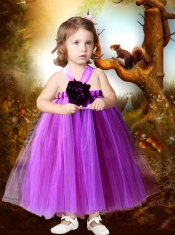 Purple A-Line Ankle-length Hand Made Flower Little Girl Dress with Halter Top
