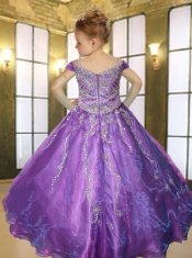Purple Off The Shoulder Beading Little Gril Pageant Dress with Appliques