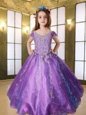Purple Off The Shoulder Beading Little Gril Pageant Dress with Appliques