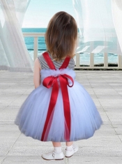 Red and White Tulle Halter Little Girl Dress with Hand Made Flowers and Bowknot