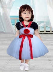 Red and White Tulle Halter Little Girl Dress with Hand Made Flowers and Bowknot