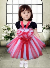 Red and White Tulle Straps A-Line Little Girl Dress with Hand Made Flowers