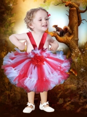 Red and White Tulle Straps The Super Hot Little Girl Dress with Hand Made Flowers