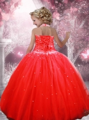 Red Custom Made Beaded Tulle Little Girl Pageant Dress with Halter