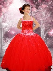 Red Custom Made Beaded Tulle Little Girl Pageant Dress with Halter