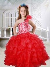 Red One Shoulder Little Girl Pageant Dresses with Hand Beading Ruffled Layers