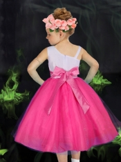 Romantic A-Line Asymmetrical Bowknot Print Hot Pink Flower Girl Dress with Tea-length