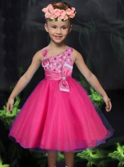 Romantic A-Line Asymmetrical Bowknot Print Hot Pink Flower Girl Dress with Tea-length